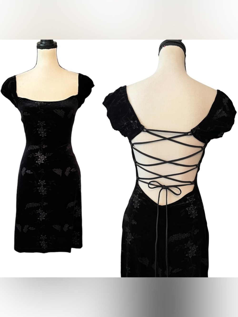 Vintage Rampage Floral Velvet Open Back Criss Cross Tie Goth Vamp Milkmaid Dress